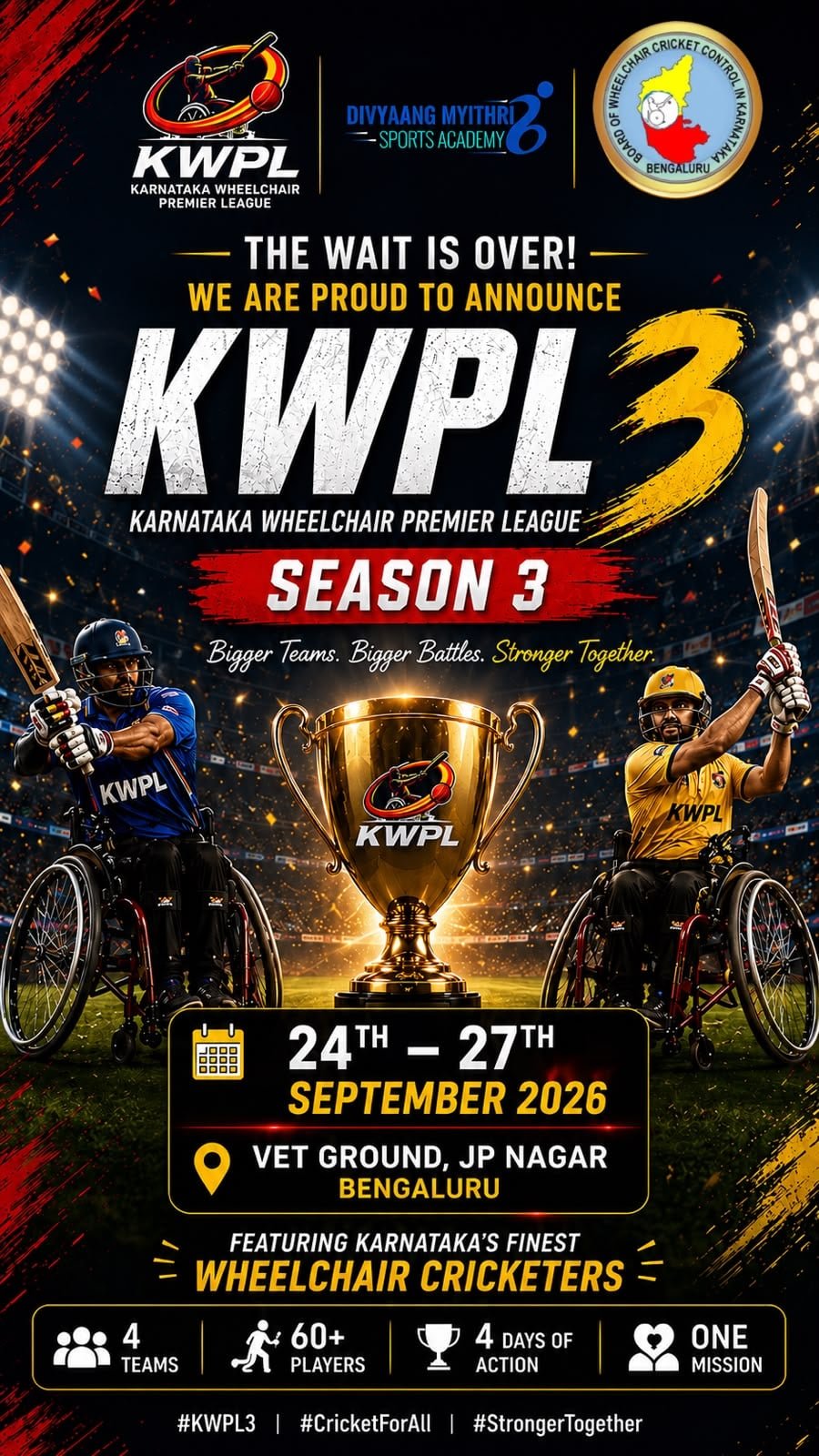 KWPL 3 announcement banner — Karnataka Wheelchair Premier League Season 3, 24–27 September 2026 at VET Ground, JP Nagar, Bengaluru. Four teams, 60+ players, four days of action.