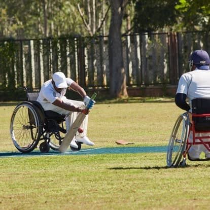 Karnataka and Tamil Nadu players at the first-ever pink-ball wheelchair cricket test
